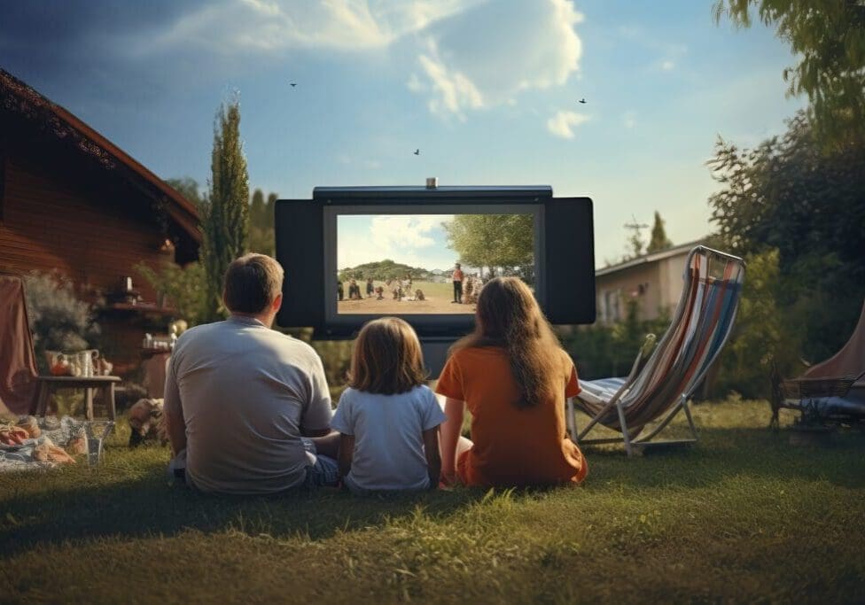a family sitting in front of a huge flat screen television in the backyard outside in the warm summer evening watching a movie spending leisure time together